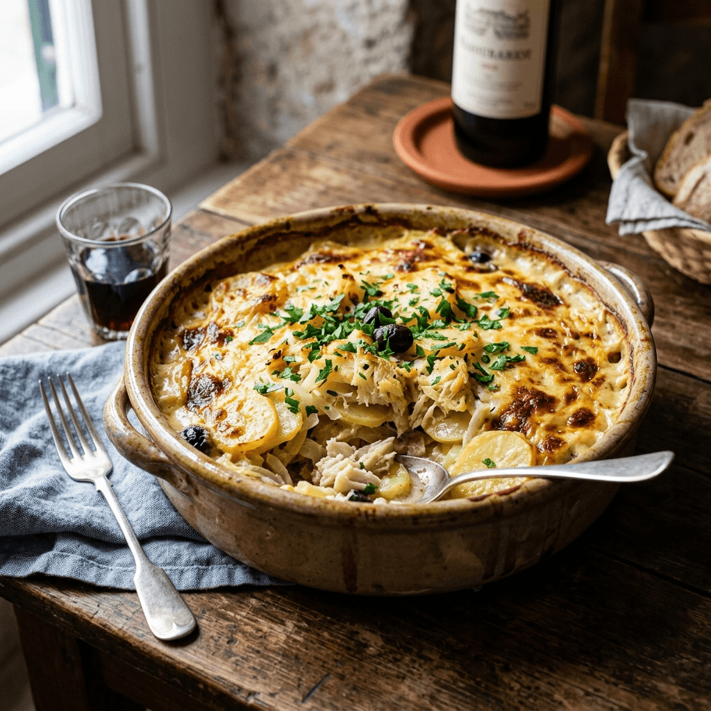 Bacalhau com Natas acabado de sair do forno numa travessa de cerâmica