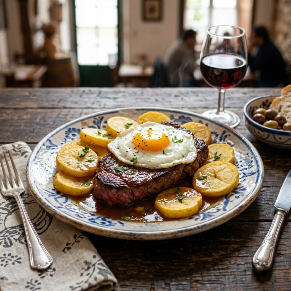Bife à Portuguesa com ovo estrelado e batatas fritas às rodelas