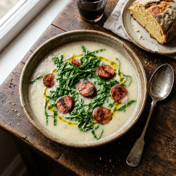 Tigela de barro com caldo verde e rodelas de chouriço