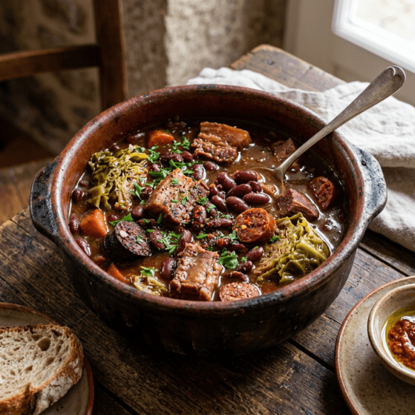 Feijoada à Transmontana num tacho de barro rústico