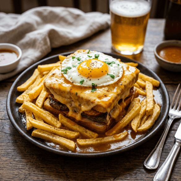 Francesinha do Porto servida num prato com muito molho e batatas fritas