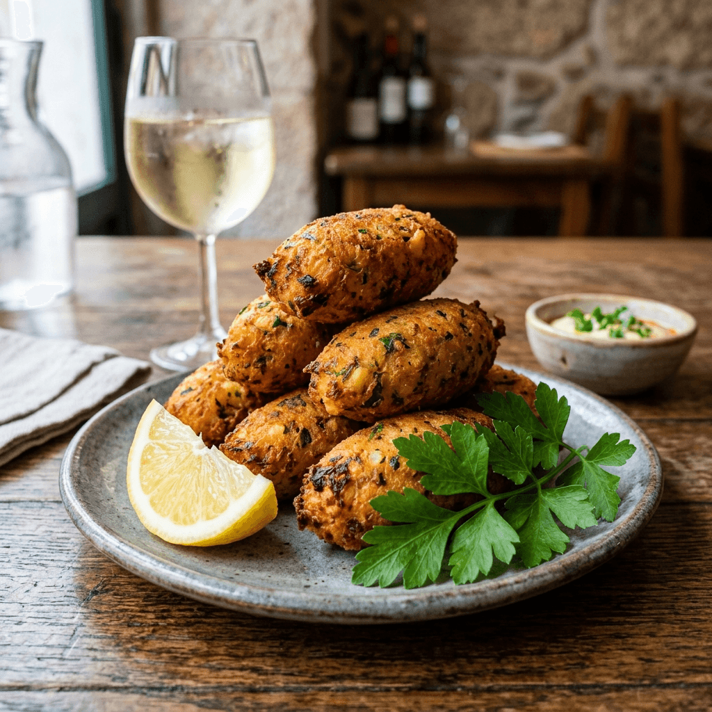 Pilha de pastéis de bacalhau acabados de fritar, com limão e salsa