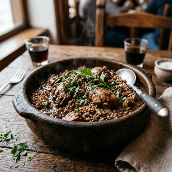 receita-arroz-cabidela.png Tacho de barro com o tradicional Arroz de Cabidela português, bem apurado.