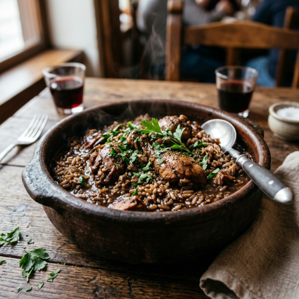 Tacho de barro com o tradicional Arroz de Cabidela português, bem apurado.