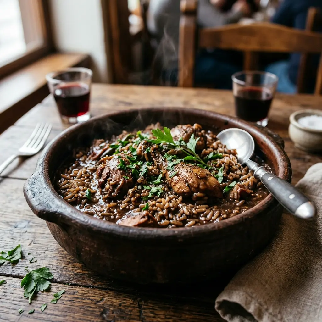 Tacho de barro com o tradicional Arroz de Cabidela português, bem apurado.