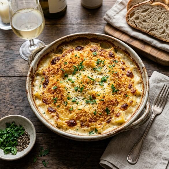 Travessa de barro com Bacalhau Espiritual dourado e gratinado acabado de sair do forno.