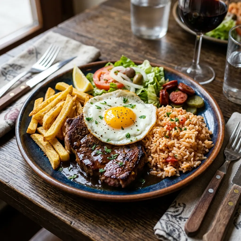 Bitoque clássico português com ovo estrelado, batatas fritas e arroz no prato.