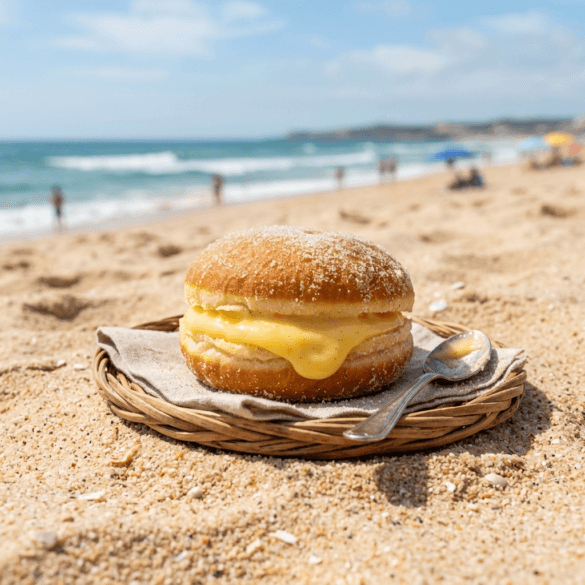 Bola de Berlim recheada com creme de ovo num prato na praia.