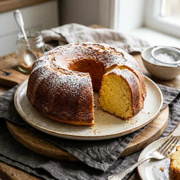 Bolo de iogurte fofinho com uma fatia cortada e açúcar em pó polvilhado.