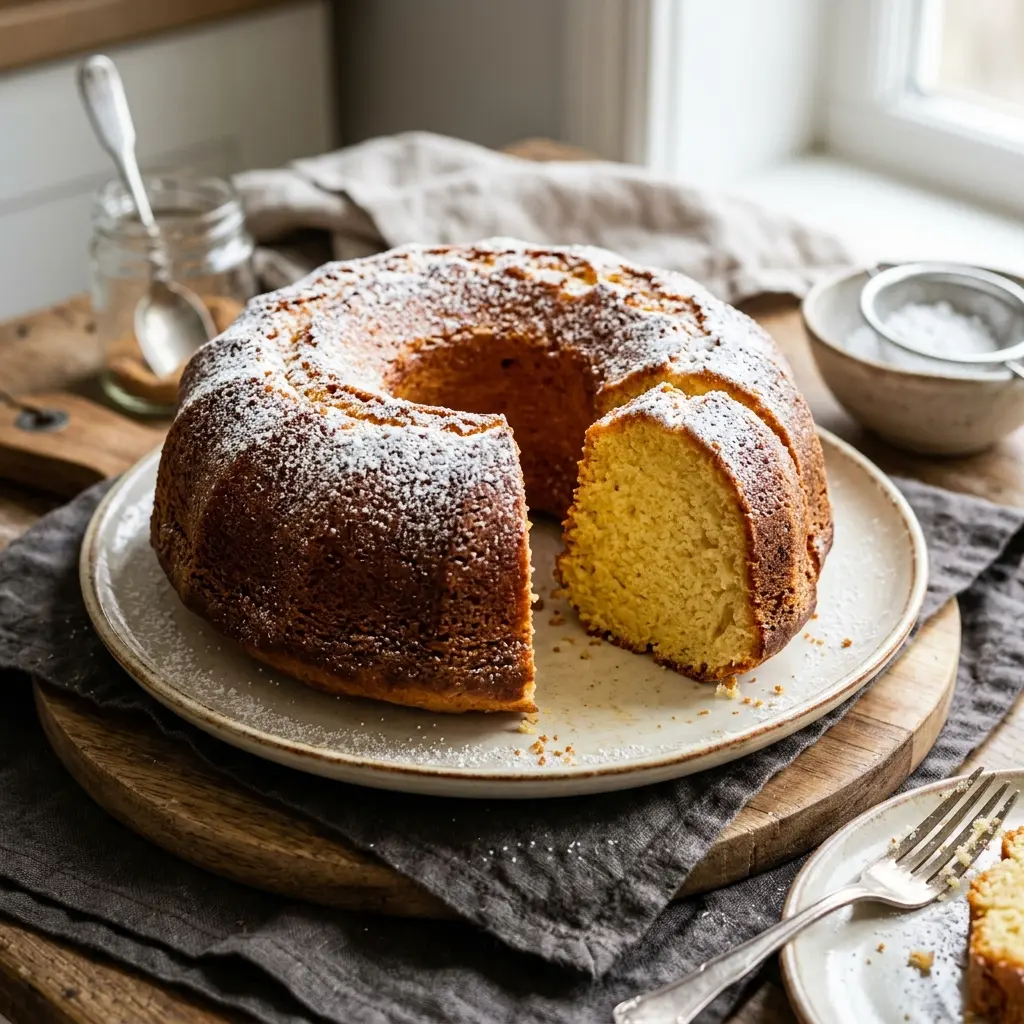 Bolo de iogurte fofinho com uma fatia cortada e açúcar em pó polvilhado.