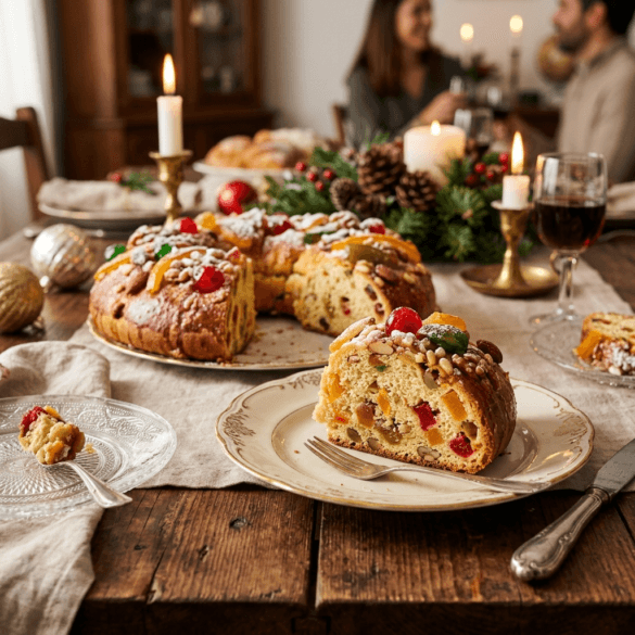 Bolo Rei português fatiado com frutas cristalizadas e frutos secos.
