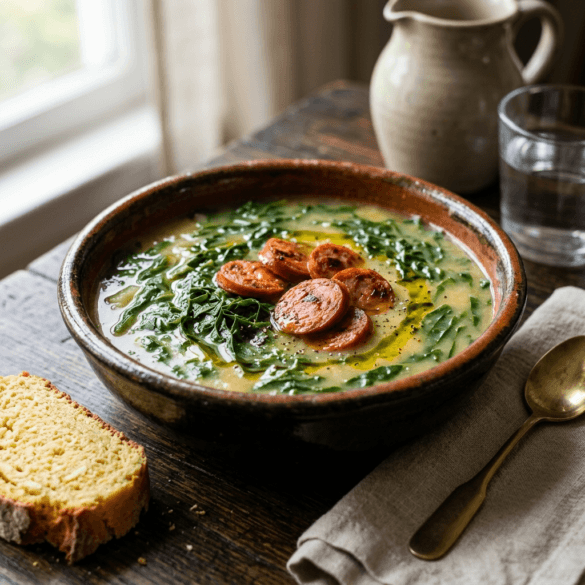 Tigela tradicional de barro com Caldo Verde português quente, com rodelas de chouriço por cima.