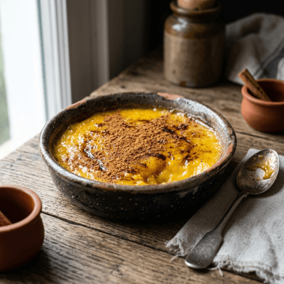 Doce conventual de Encharcada com canela servida em taça de barro.