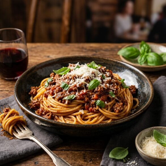 Prato fundo de esparguete à bolonhesa fumegante com molho de carne e queijo parmesão.