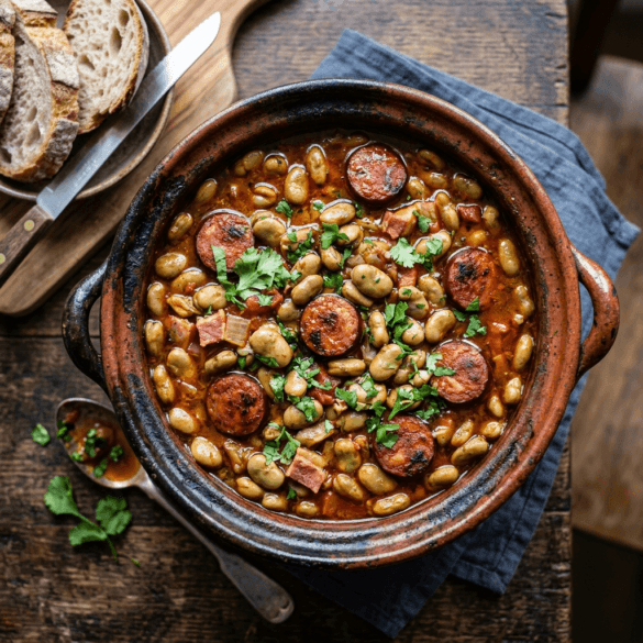 Tacho de barro tradicional com um rico guisado de favas com chouriço.