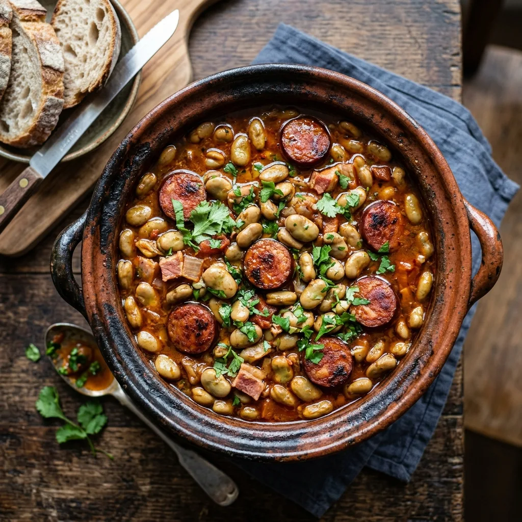 Tacho de barro tradicional com um rico guisado de favas com chouriço.