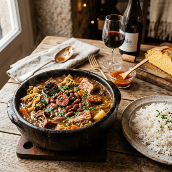 Panela de barro com Feijoada à Transmontana abundante em carnes e feijão, servida com arroz.