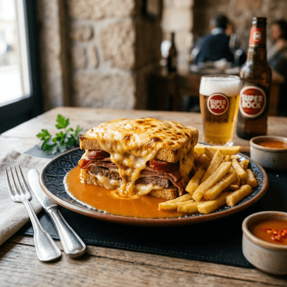 receita-francesinha-porto.png Uma Francesinha à Moda do Porto generosamente coberta de queijo derretido e molho quente, servida com batatas fritas.
