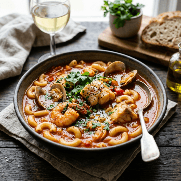 Prato fundo de massa de peixe à pescador com caldo rico.