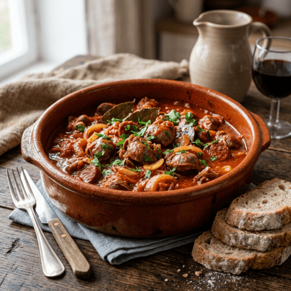 Tacho de barro cheio de moelas estufadas em molho rico de tomate e vinho.