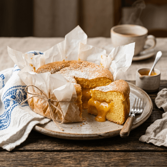 Pão de Ló de Ovar tradicional, envolto em papel com o creme de ovos a escorrer.