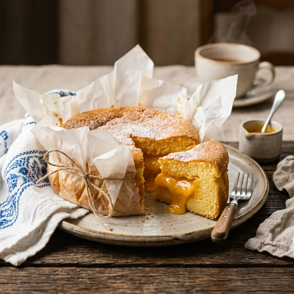 Pão de Ló de Ovar tradicional, envolto em papel com o creme de ovos a escorrer.