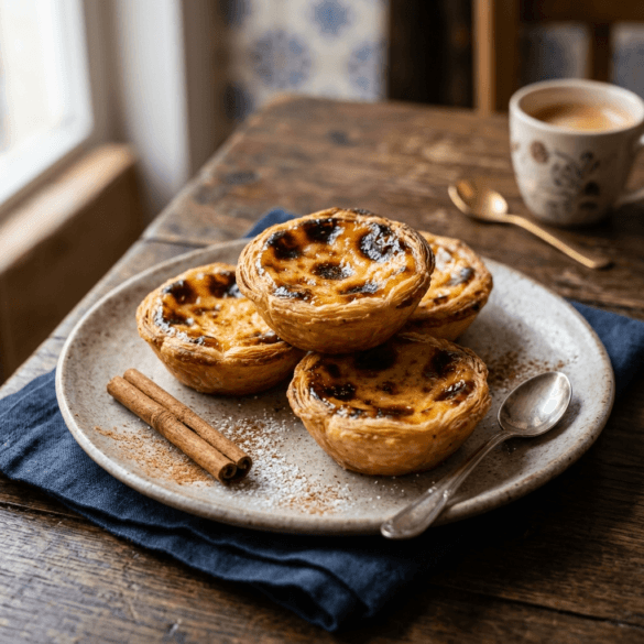 Prato de cerâmica com Pastéis de Nata, dourados e ligeiramente queimados no topo, acompanhados de canela.