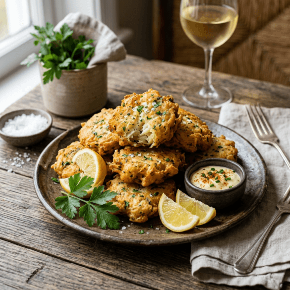 Pataniscas de bacalhau acabadas de fritar num prato rústico.