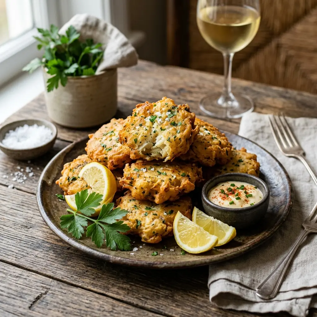 Pataniscas de bacalhau acabadas de fritar num prato rústico.