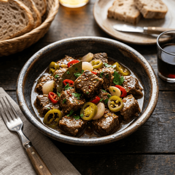 Prato rústico com pica-pau de carne de vaca, mostarda e pickles.