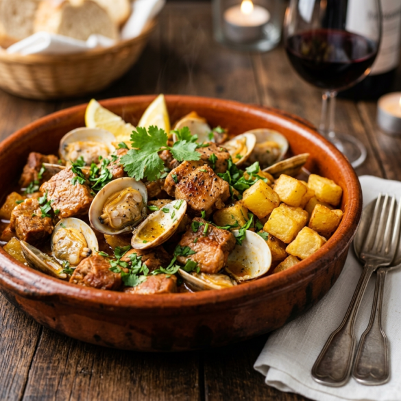 Tacho de barro tradicional com Carne de Porco à Alentejana, amêijoas, batatas fritas e coentros.
