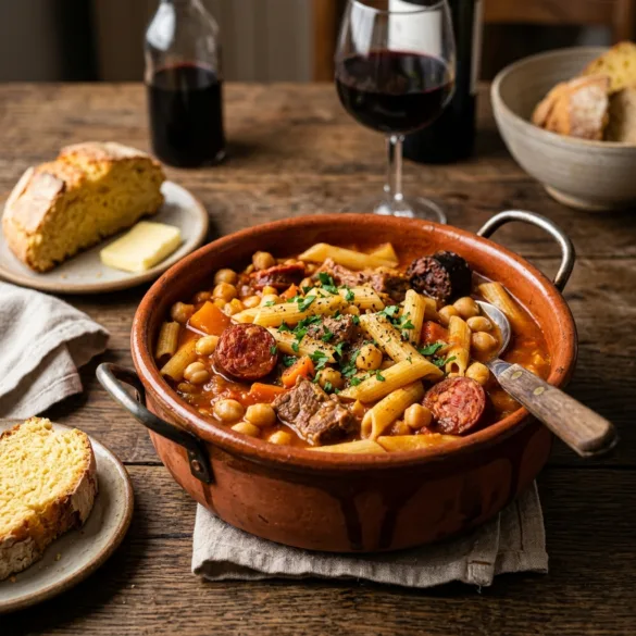 Panela de barro cheia de rancho à moda de Viseu com macarrão e carnes.