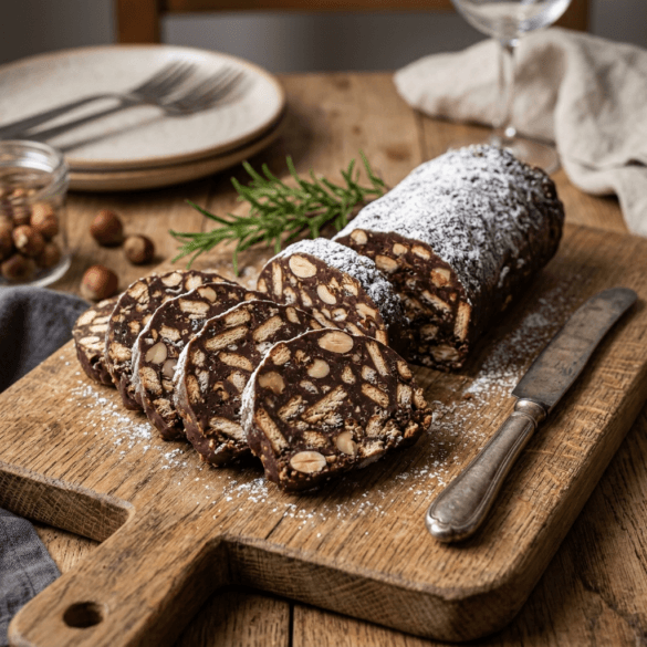 Fatias de Salame de Chocolate português numa tábua de madeira rústica.