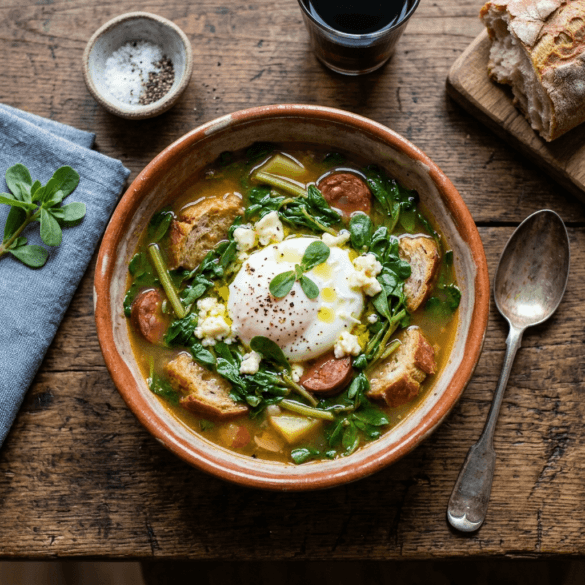 Tigela rústica com sopa de beldroegas alentejana, queijo derretido e ovo escalfado.