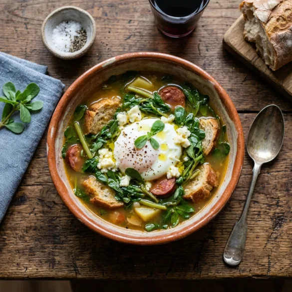 Tigela rústica com sopa de beldroegas alentejana, queijo derretido e ovo escalfado.