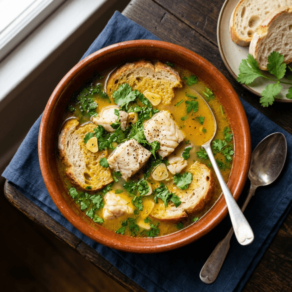 Tigela de Sopa de Cação alentejana com coentros e pão.