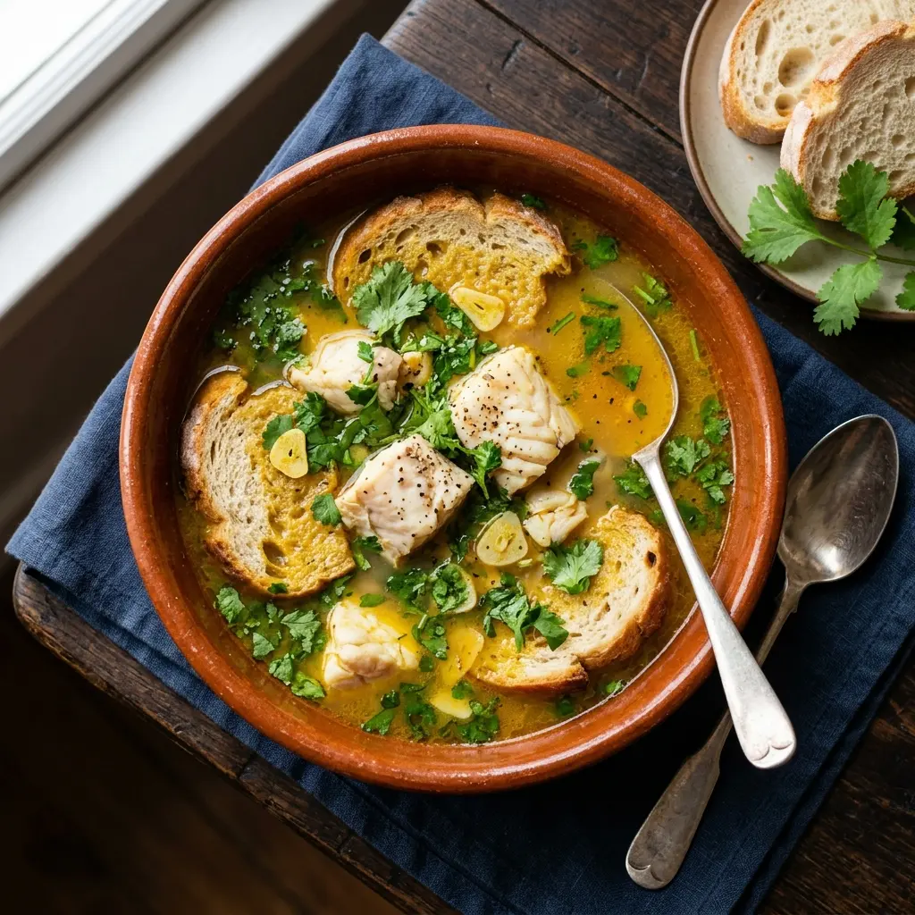 Tigela de Sopa de Cação alentejana com coentros e pão.