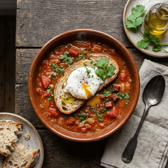 Tigela rústica de sopa de tomate alentejana com ovo e pão torrado.
