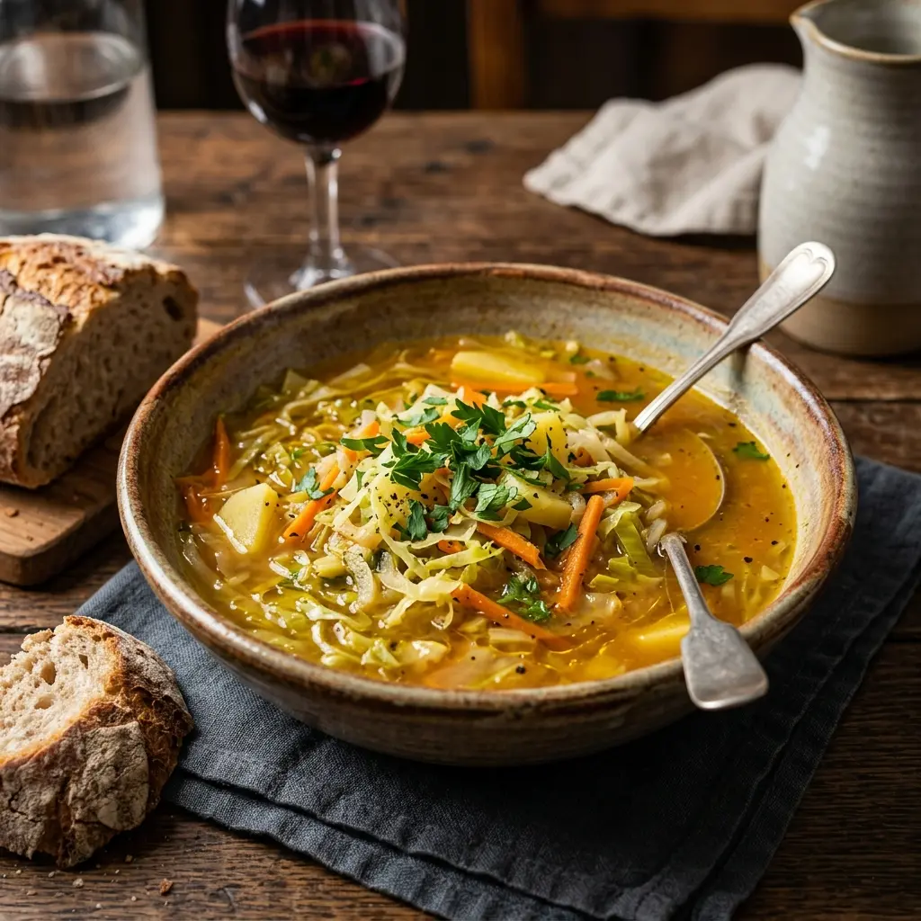 Tigela rústica com sopa juliana de vegetais e pão.
