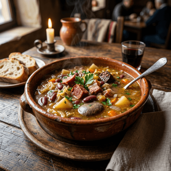 Tigela de barro rústica com a tradicional Sopa da Pedra de Almeirim.
