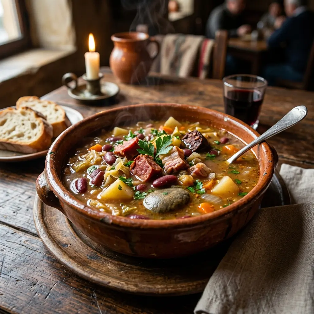 Tigela de barro rústica com a tradicional Sopa da Pedra de Almeirim.