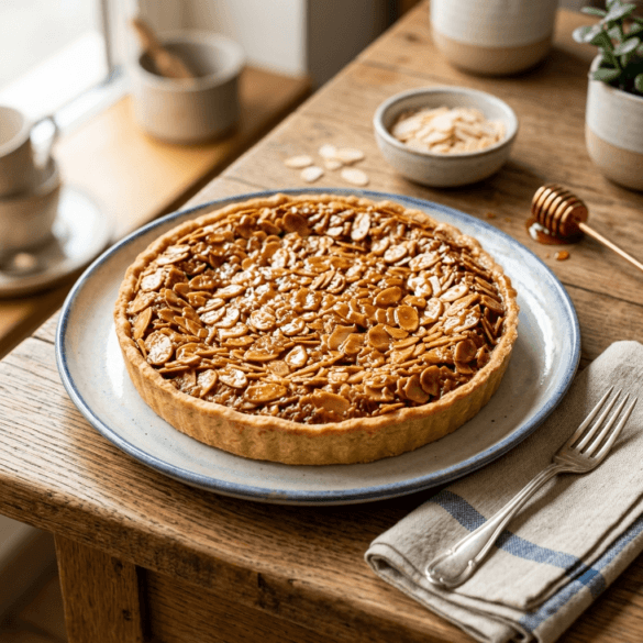 Tarte de amêndoa crocante inteira acabada de sair do forno.