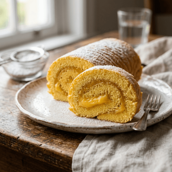 Fatias de Torta de Azeitão enroladas num prato.