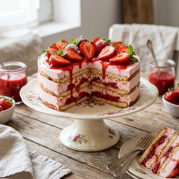 Bolo de Bolacha de Morango com camadas de creme e coulis de morango