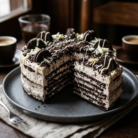 Bolo de Bolacha de Oreo com camadas de creme e bolacha Oreo