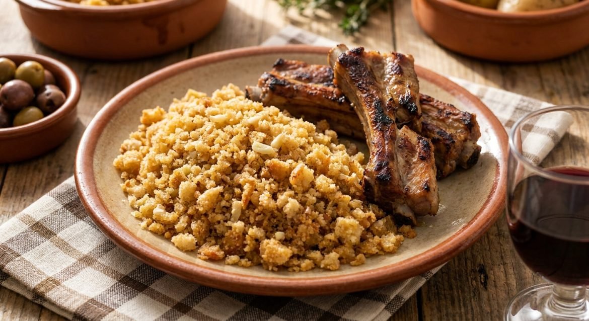 Migas à Alentejana com entrecosto de porco